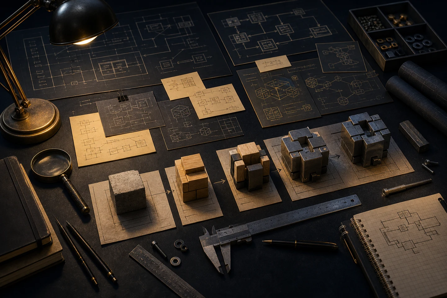 A workbench of agent build stages: research, drafting, approval, deployment, and monitoring