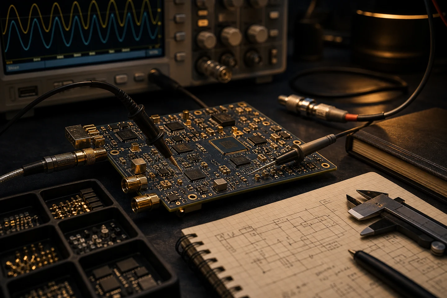 A close-up of an engineering schematic and a multimeter probe on a circuit board