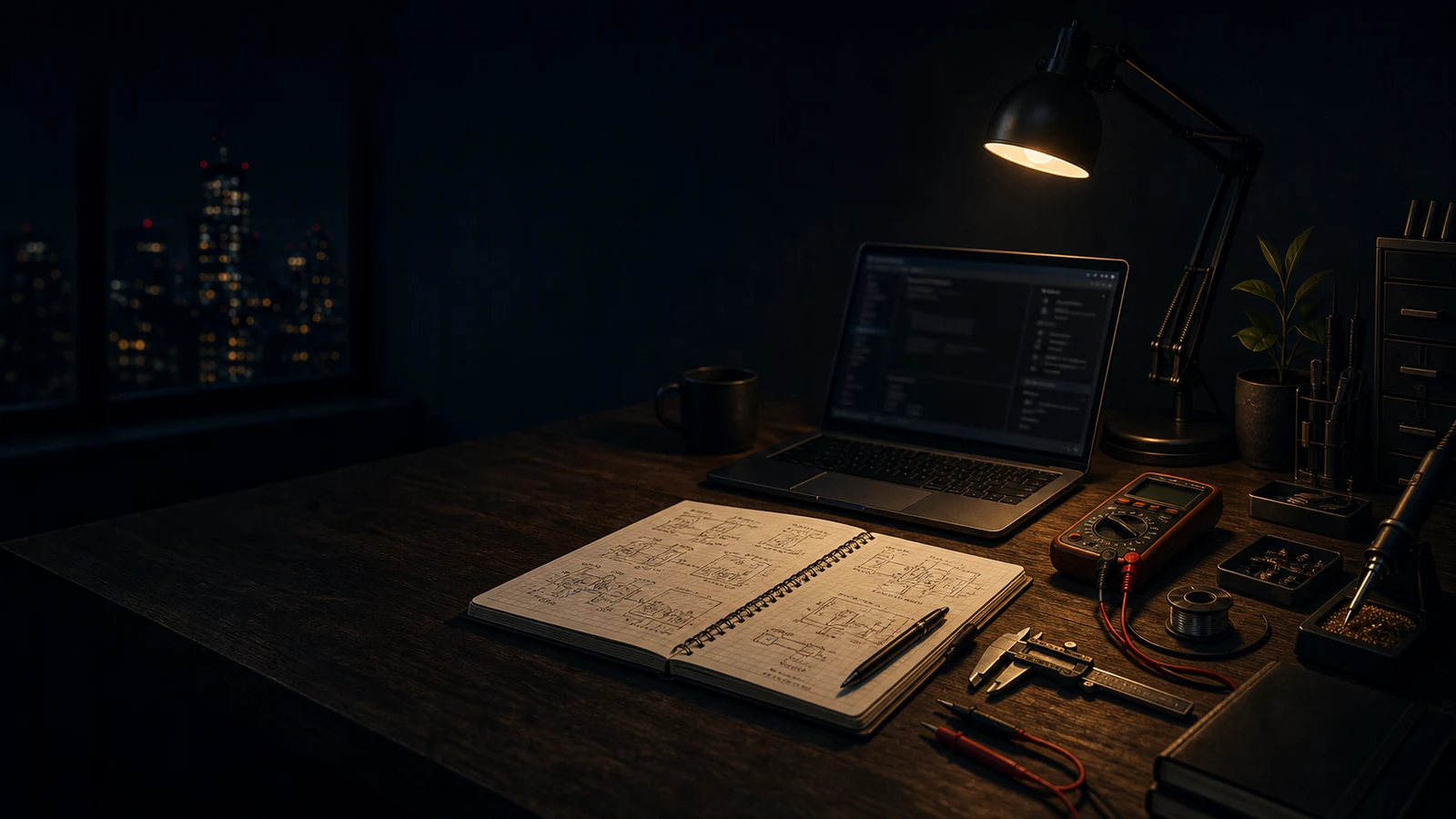 An editor's desk with a laptop, notes, and a coffee mug next to a printed book