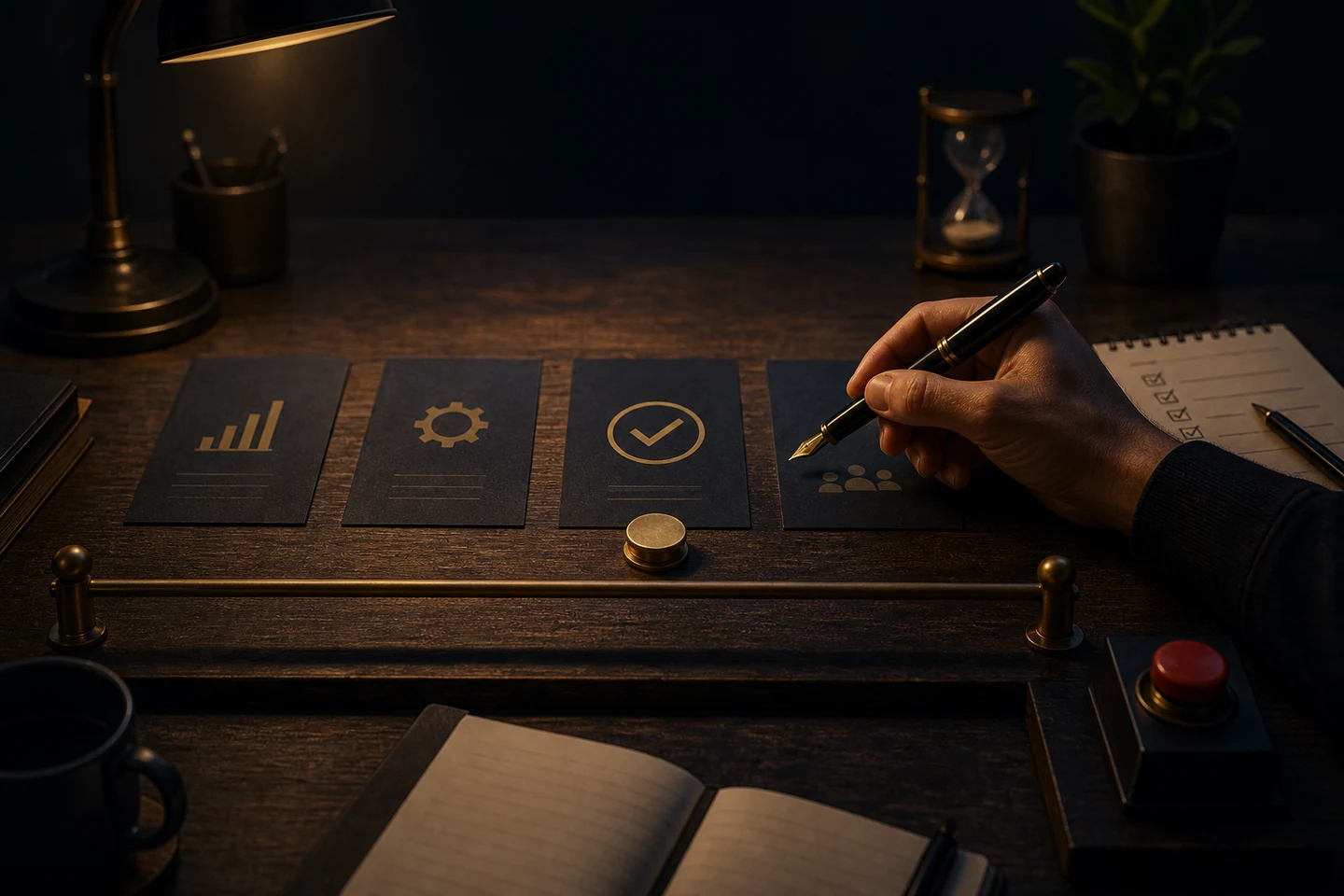 A person reviewing printed pages with a pen, representing human judgment over agent output