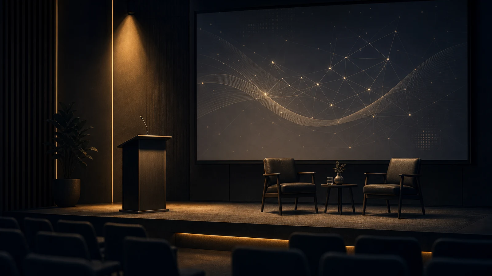 A speaker on a small stage with a microphone and presentation screen